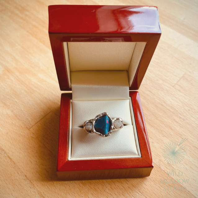 Opal, rough diamonds and argentium proposal ring