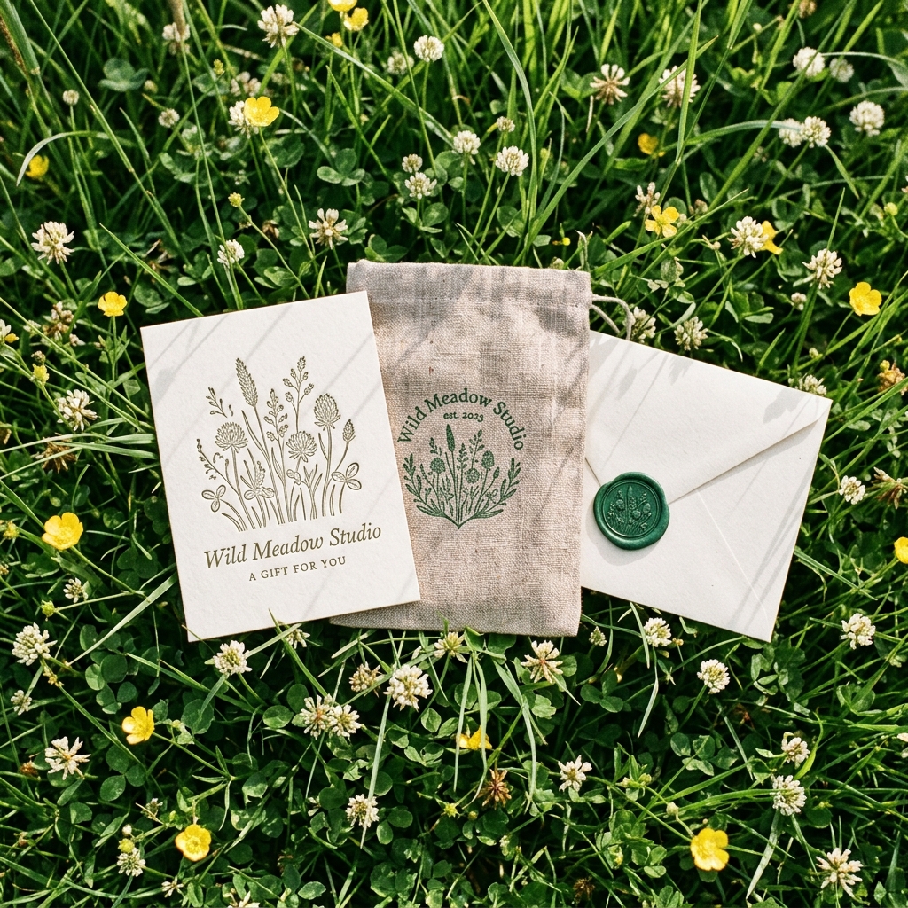 Tactile letterpress gift voucher card, flax linen pouch, botanical wax seal, and wildflower seeds at the bench