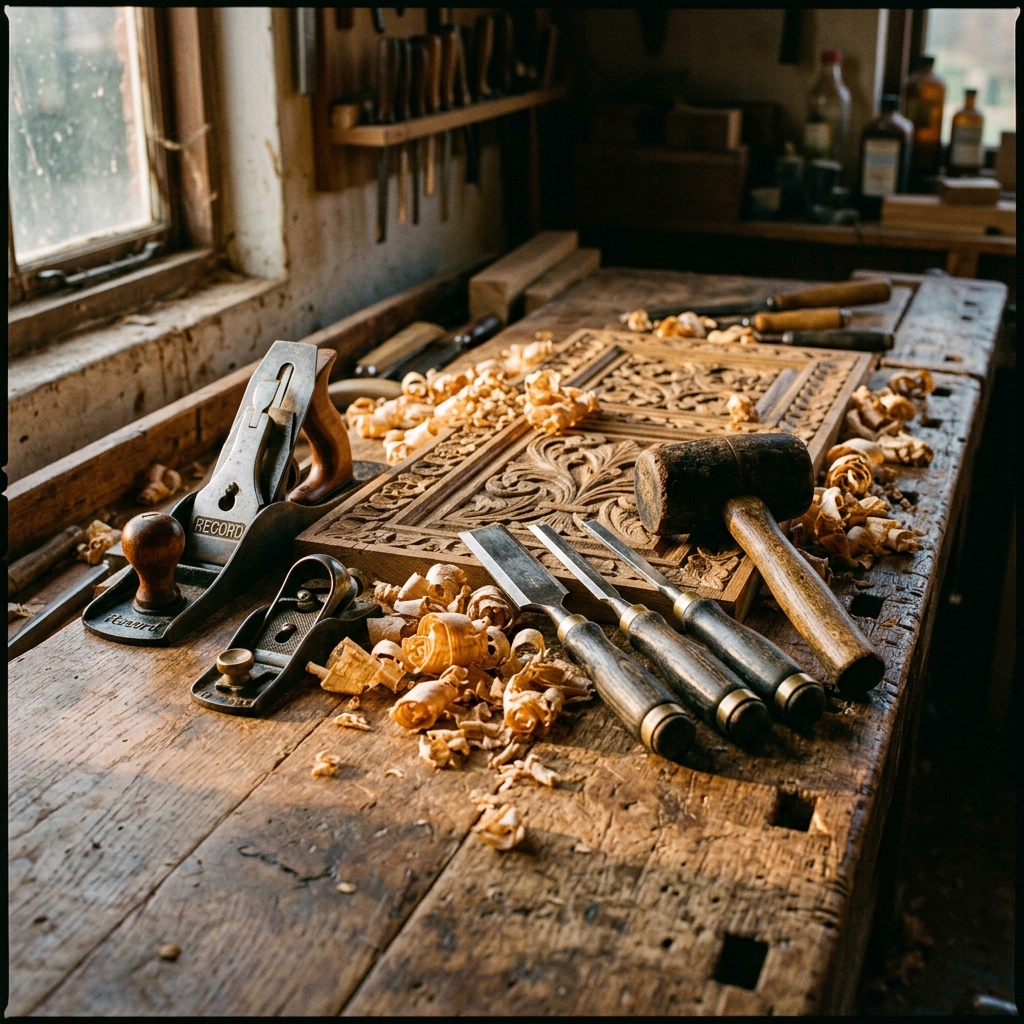 Cabinetmaker tools and carved oak wood panels