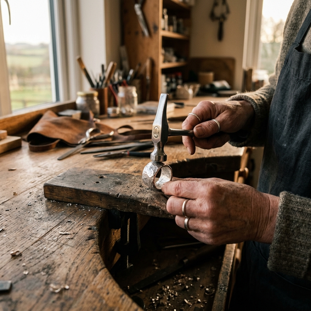 Artisan jeweler's hands planishing a sterling silver ring at the Wild Meadow workbench