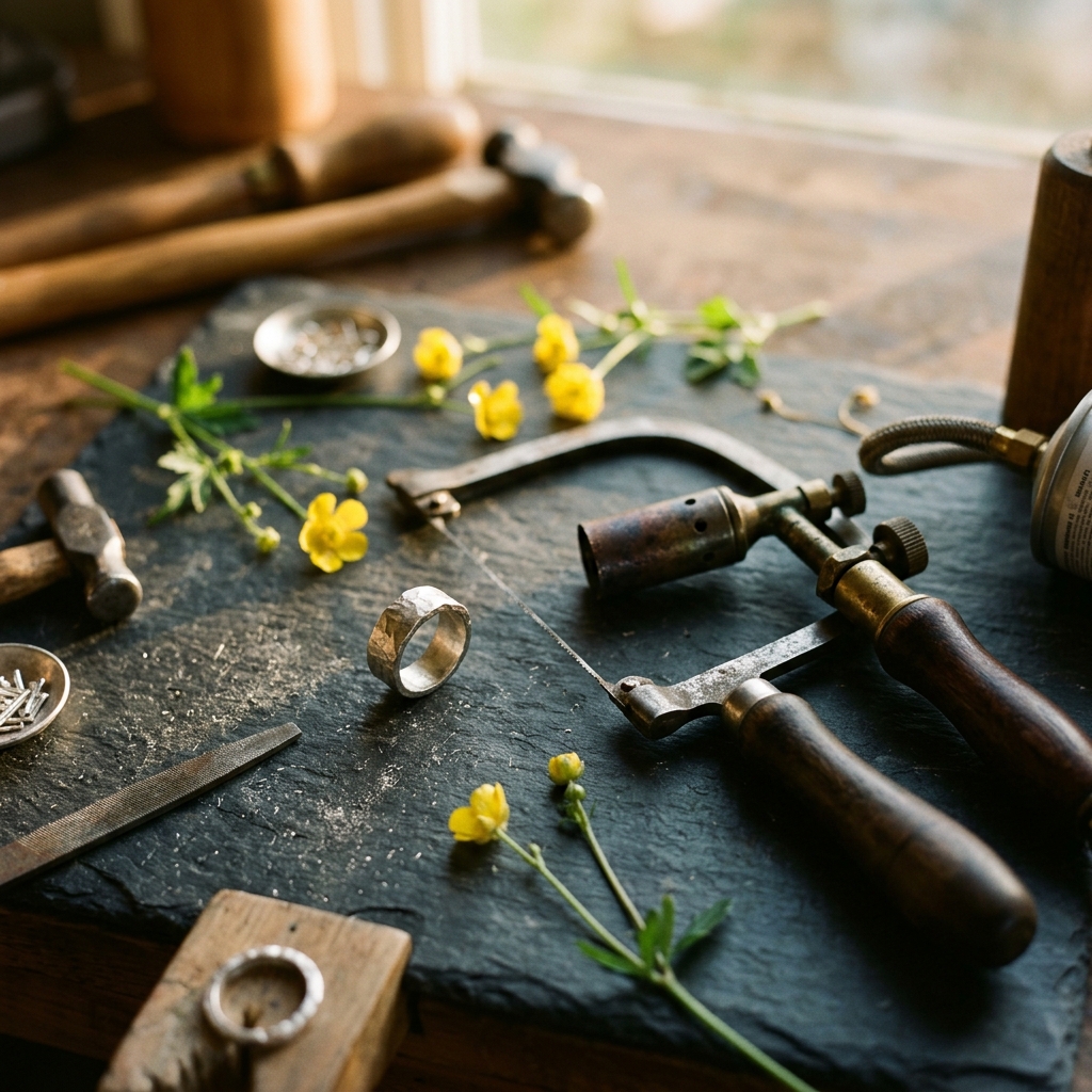 Bespoke artisan jeweler workbench at Wild Meadow Studio showcasing raw precious metals and tools