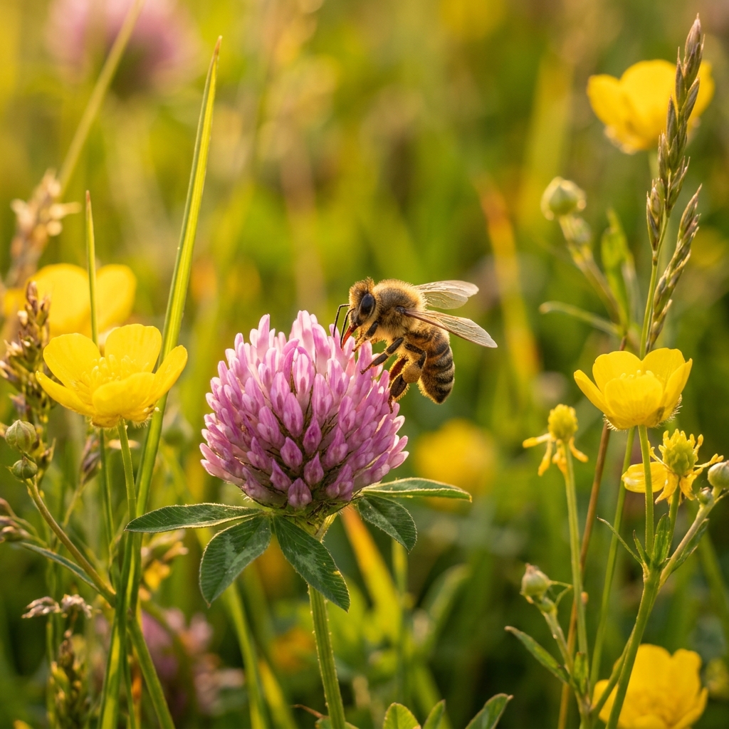 Close-up of a local wild bumblebee drinking nectar from yellow buttercup wildflowers in our Kent orchard meadow