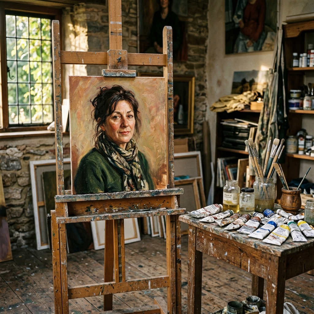 Bespoke oil portrait painting on canvas resting on a studio easel