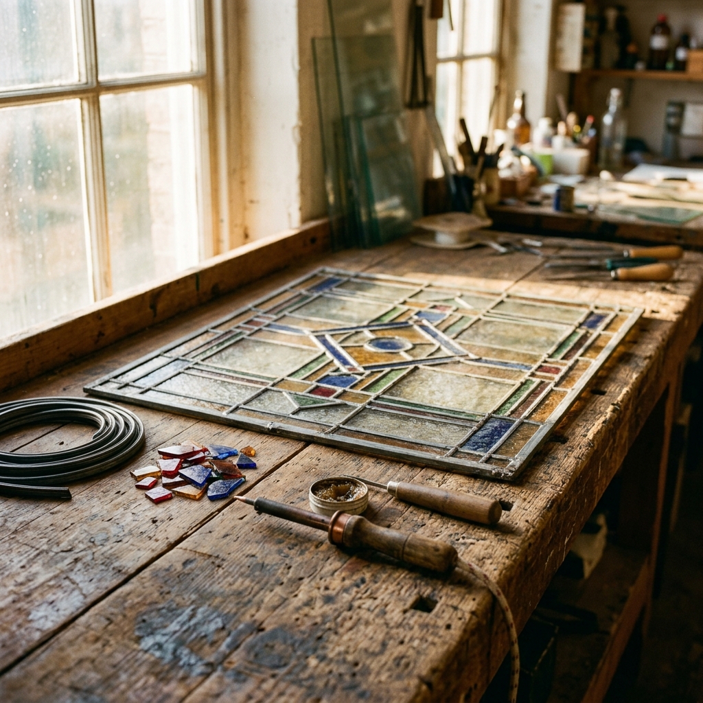 Stained glass conservation workbench at Wild Meadow Studio