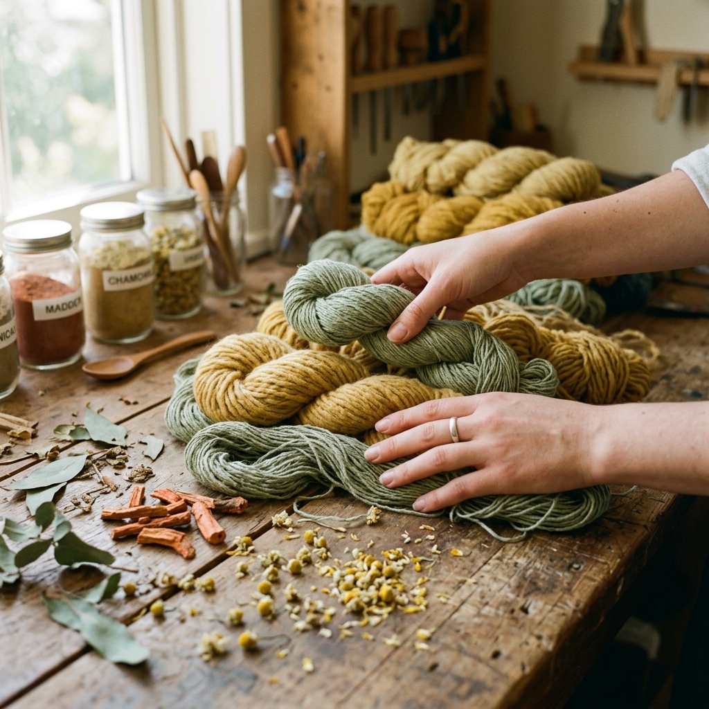 Naturally dyed wool yarn and raw linen threads on an artisan workbench