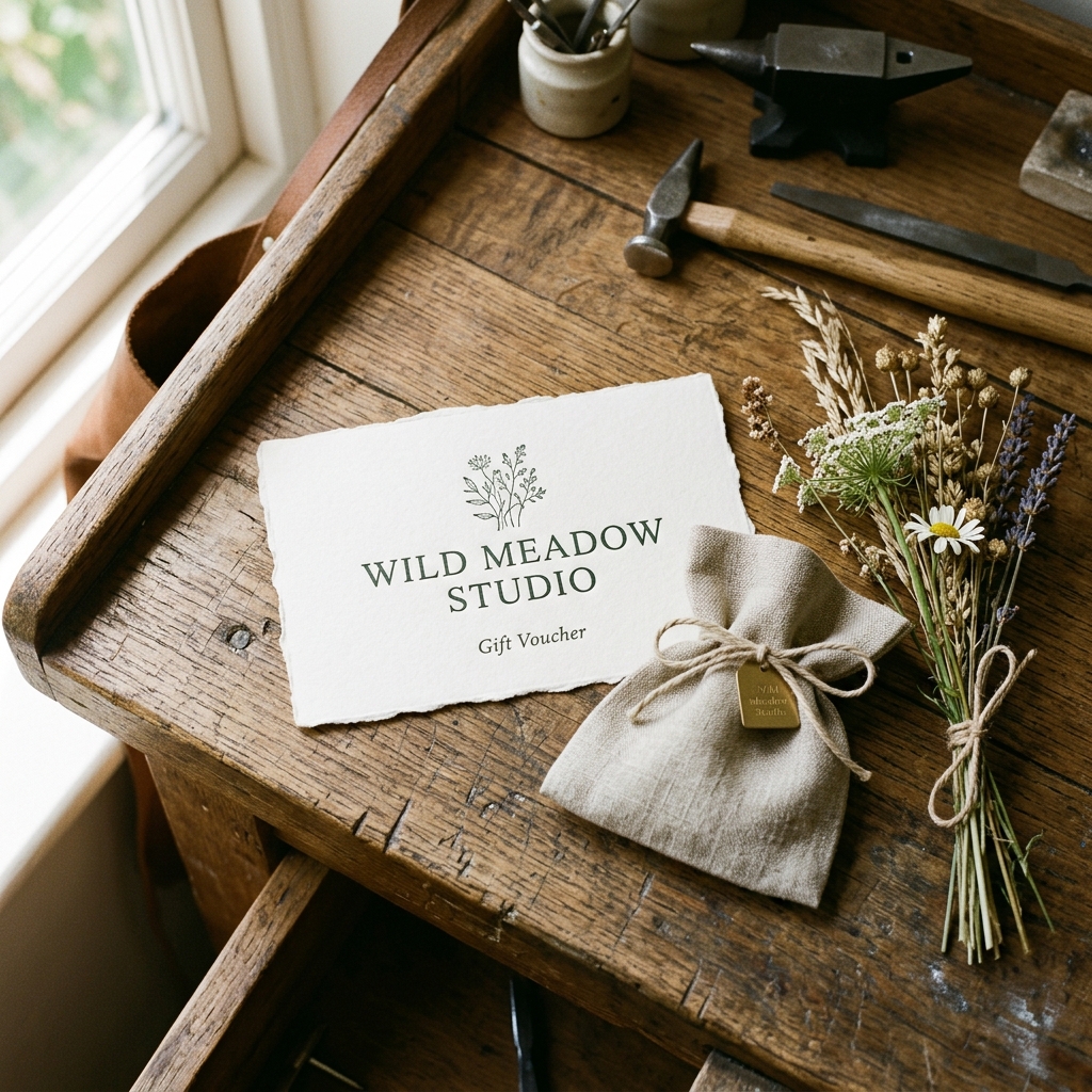 Wild Meadow Studio letterpress voucher card and flax linen pouch on a rustic wood workbench